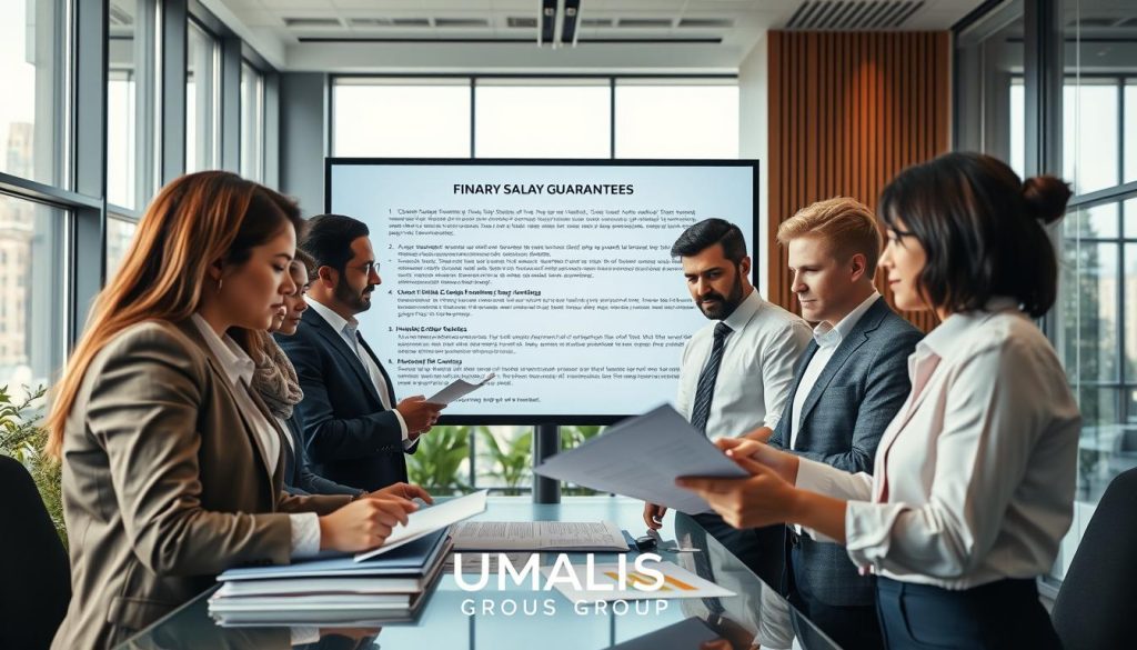 A modern corporate office setting with a focus on the legal framework of salary portage. In the foreground, a diverse group of professionals in business attire is engaged in a discussion, analyzing documents related to financial guarantees. The middle ground features a large digital screen displaying relevant legal texts and official sources. In the background, large windows allow natural light to flood the room, creating a bright and motivating atmosphere. The colors are warm and inviting, emphasizing collaboration and professionalism. The composition includes elements that depict accountability and clarity, such as charts and graphs. Include the logo of "UMALIS GROUP" subtly in the environment. The overall mood is serious yet optimistic, highlighting the importance of legal verification in business.