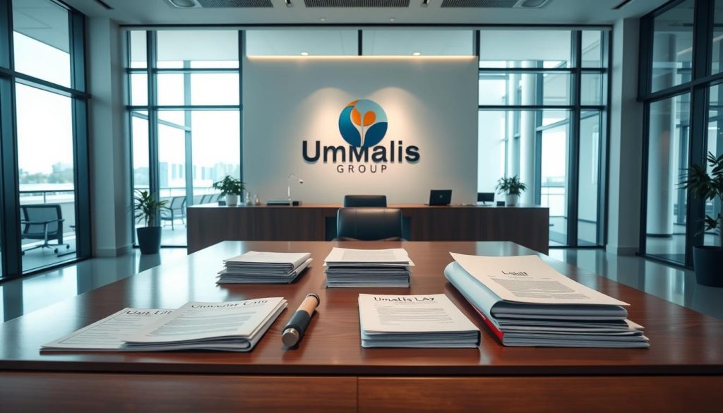 A modern corporate office setting, with a large desk featuring the Umalis Group logo prominently displayed. On the desk, various legal documents and files are neatly organized, conveying a sense of professionalism and attention to detail. The background features floor-to-ceiling windows, allowing natural light to stream in and create a bright, airy atmosphere. The scene is captured from a slightly elevated angle, giving a sense of authority and importance to the subject matter. The overall mood is one of efficiency, responsibility, and compliance with legal obligations for enterprises in the portage salarial industry.