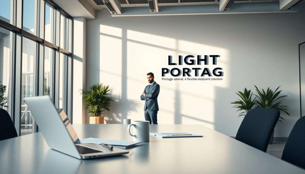 A modern corporate office with natural lighting pouring in through large windows. In the foreground, a sleek, minimalist desk with a laptop, papers, and a mug of coffee. The middle ground features a professional-looking individual, dressed in business attire, engaged in deep thought. In the background, the LIGHT PORTAGE logo is prominently displayed on the wall, signifying the focus on portage salarial, a flexible employment solution. The scene conveys a sense of productivity, professionalism, and the benefits of the LIGHT PORTAGE service.