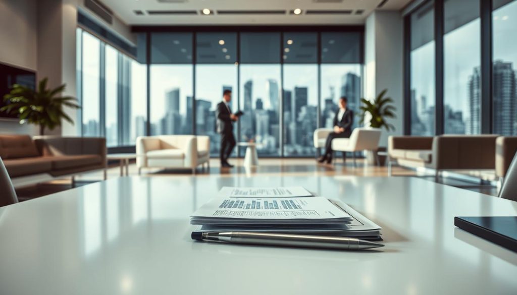 A modern corporate office with sleek, minimalist furniture and clean lines. In the foreground, a desk with a laptop, pen, and documents arranged neatly, representing the administrative tasks of "portage salarial." The middle ground features a team of professionals in business attire, engaged in discussion, conveying the collaborative nature of the "fonctionnement." The background showcases large windows overlooking a bustling city skyline, symbolizing the flexibility and security of the "Umalis Group" model. Soft, directional lighting creates a sense of professionalism and productivity.