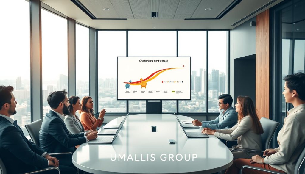 A modern corporate strategy meeting in an elegantly designed conference room. In the foreground, a diverse group of business professionals, dressed in professional attire, are engaged in a discussion, showcasing a mix of enthusiasm and focus. They are gathered around a sleek, oval conference table, with digital devices and documents spread out in front of them. In the middle ground, a large screen displays a colorful strategy roadmap, symbolizing the concept of "choosing the right strategy." The background reveals floor-to-ceiling windows with a panoramic view of a bustling city skyline, showcasing urban business life. Soft, natural lighting floods the room, creating a warm and inviting atmosphere. The overall mood is collaborative and strategic, emphasizing teamwork and innovation, with the brand name "UMALIS GROUP" subtly integrated into the visual elements.