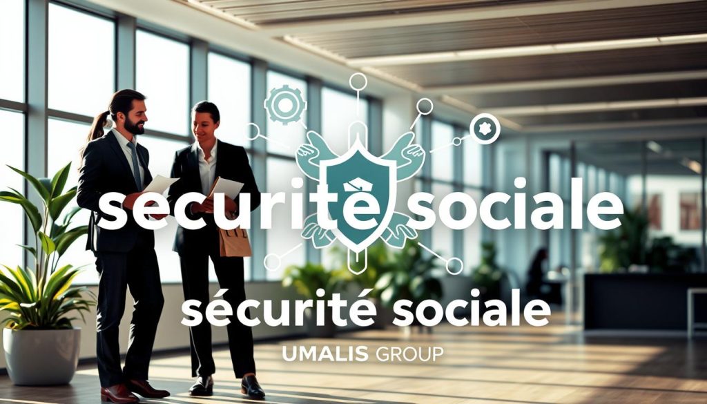 A modern, corporate-style illustration representing "sécurité sociale," focusing on social protection, retirement, welfare, and unemployment benefits. In the foreground, a diverse group of three professionals dressed in smart business attire engaged in a discussion, holding documents and digital devices. The middle ground features an abstract representation of safety nets symbolizing social security, incorporating visual elements like a shield, gears, and interconnected hands. The background shows a contemporary office setting with large windows allowing soft natural light to illuminate the scene, creating a warm and professional atmosphere. The composition evokes a sense of support and community, with the brand "UMALIS GROUP" subtly represented in the design, ensuring a sense of trust and reliability.