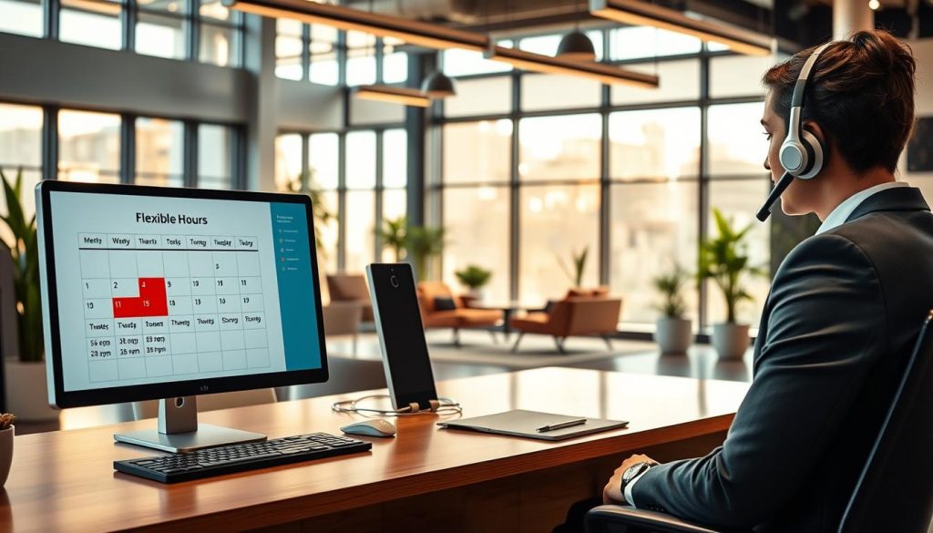 A modern customer service center with a focus on flexible hours, showing a professional employee in business attire assisting a customer over the phone. The foreground features a sleek, well-organized desk with a computer displaying a calendar marked with varied work hours. In the middle ground, a stylish waiting area is visible, furnished with comfortable chairs and potted plants, suggesting a welcoming atmosphere. The background showcases large windows filtering warm, natural light into the space, creating a bright and inviting mood. The overall image conveys professionalism and adaptability, embodying the essence of "Umalis Group" in customer service, emphasizing the importance of flexibility in tech support and contracts.