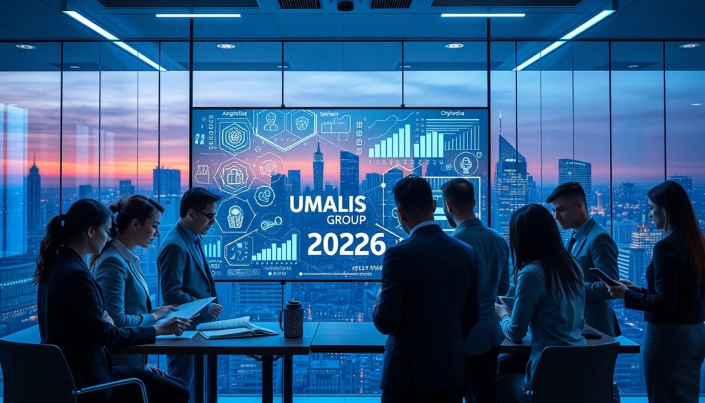 A modern cybersecurity office environment illustrating "Information Systems Security and Protection Objectives". In the foreground, a diverse group of professionals in business attire collaborates over digital devices and documents, debating strategies. The middle ground features a large digital screen displaying complex data visualizations, security icons, and graphs indicating growth in cybersecurity measures. The background presents clear glass walls depicting a high-tech city skyline under a twilight ambiance, with soft blue lighting illuminating the space. The scene is dynamic yet focused, evoking a sense of urgency and professionalism. The brand name "UMALIS GROUP" is subtly integrated into the digital screen content. The atmosphere conveys innovation, strategic planning, and teamwork in cybersecurity for the year 2026.