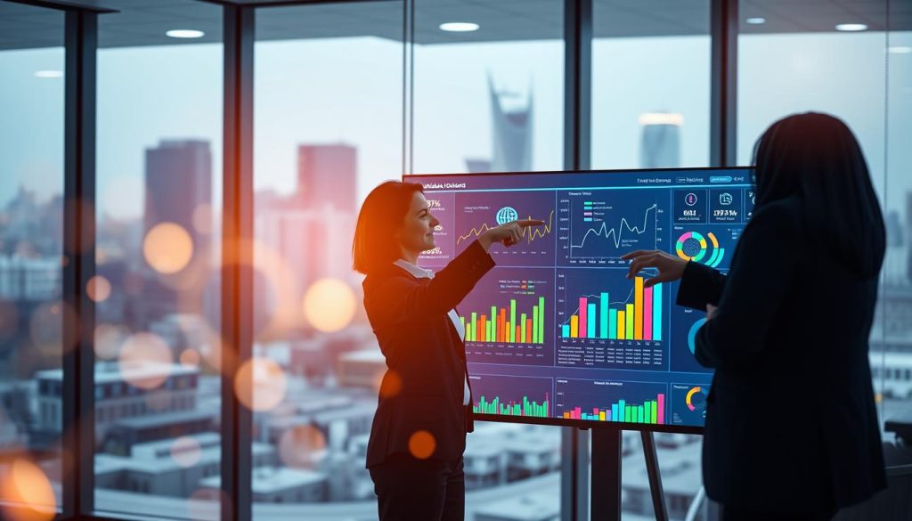 A modern data analytics workspace, featuring a sleek digital dashboard displaying vibrant charts and graphs representing data trends and insights. The foreground includes two professionals in business attire, a male and a female, engaged in a collaborative discussion, pointing at the dashboard. The middle ground showcases the dashboard filled with colorful data visualizations, glowing softly in a well-lit office environment, with a city skyline visible outside the glass windows. In the background, a subtle indication of artificial intelligence elements, like neural network patterns, blends with the office decor. Soft, ambient lighting enhances a focused and innovative atmosphere, with a hint of professionalism. Include the branding "UMALIS GROUP" subtly integrated into the dashboard's design.