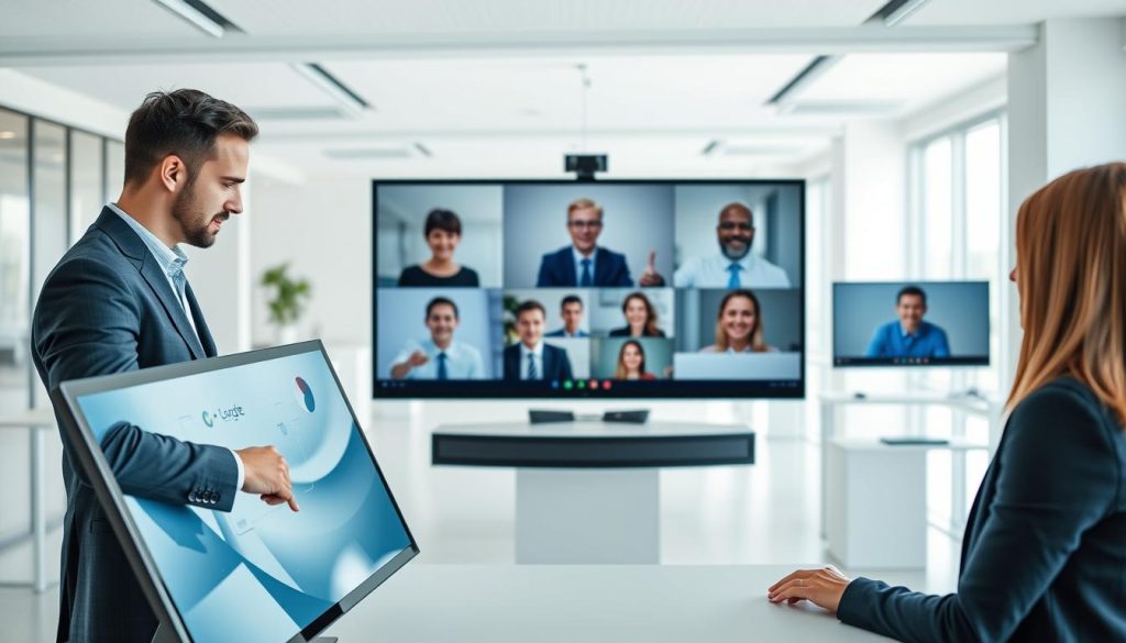 A modern, digital collaboration scene showcasing the Umalis Group's portage salarial solutions. In the foreground, two professionals in business attire work together on a large, interactive touchscreen display, strategizing and ideating. In the middle ground, a team of remote colleagues join via high-resolution video conferencing, their faces displayed on sleek, floating monitors. The background features a minimalist, open-concept office space with expansive windows, allowing natural light to filter in and create a bright, airy atmosphere. The overall mood is one of efficiency, connectivity, and seamless digital integration - a visual representation of the "Communication and Collaboration in the Digital Age" theme.