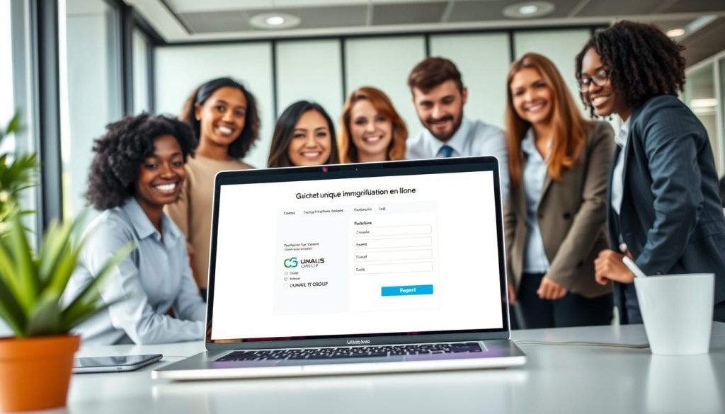 A modern, digital workspace displaying a friendly, efficient online registration interface for "guichet unique immatriculation en ligne." In the foreground, a diverse group of professionals in business attire collaborates around a sleek laptop, showcasing a user-friendly website. The middle ground features an open laptop screen displaying the registration process, with clear visuals of forms and a progress bar. The background is a contemporary office environment, well-lit with soft natural light filtering through large windows. The mood is positive and focused, reflecting the ease of administrative formalities. The logo of "UMALIS GROUP" is subtly visible on the laptop screen, adding a touch of professionalism. The image captures the essence of modern freelance registration seamlessly integrated into everyday business life.