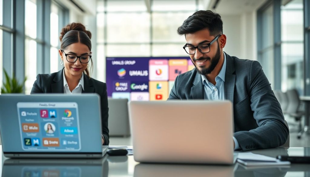 A modern digital workspace featuring diverse freelancers collaborating online through various freelance platforms. In the foreground, two professionals – a woman in a business suit and a man in smart casual attire – are focused on their laptops, displaying vibrant screens with platform interfaces. The middle ground showcases elements like a large digital screen listing popular freelance platforms, such as “UMALIS GROUP,” with colorful logos. The background is a sleek, contemporary office environment with large windows allowing ample daylight, creating a bright and inviting atmosphere. The mood is productive and innovative, emphasizing teamwork and connection. Use soft natural lighting, with a slight depth of field to focus on the workforce while blurring the background subtly.