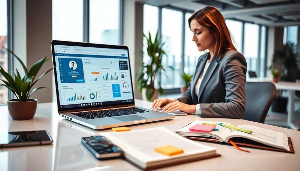 A modern digital workspace for consultants, featuring a clean, organized desk with a laptop displaying a vibrant dashboard of analytics and collaborative tools. In the foreground, a professional woman, dressed in smart business attire, engages with the laptop, her expression focused and engaged. The middle ground shows an open notebook with colorful sticky notes and a smartphone, suggesting active project management. The background features a bright office with large windows allowing natural light to flood in, plants for a touch of greenery, and a subtle city skyline visible outside. The atmosphere is dynamic and productive, embodying the theme of digital collaboration and modern work solutions, with a soft focus on the surroundings to emphasize the consultant's workspace. A modern digital workspace for consultants, featuring a clean, organized desk with a laptop displaying a vibrant dashboard of analytics and collaborative tools. In the foreground, a professional woman, dressed in smart business attire, engages with the laptop, her expression focused and engaged. The middle ground shows an open notebook with colorful sticky notes and a smartphone, suggesting active project management. The background features a bright office with large windows allowing natural light to flood in, plants for a touch of greenery, and a subtle city skyline visible outside. The atmosphere is dynamic and productive, embodying the theme of digital collaboration and modern work solutions, with a soft focus on the surroundings to emphasize the consultant's workspace.