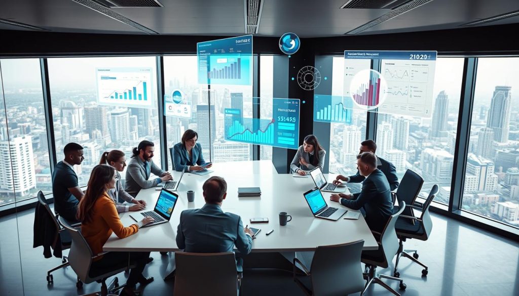 A modern digital workspace illustrating the concept of "digital platform for portage salarial." In the foreground, a diverse group of professionals in business attire collaborate around a sleek, minimalistic conference table, engaging with laptops and tablets displaying graphs and analytics. In the middle ground, vibrant digital tools and software interfaces float in the air, showcasing simplified administrative management, while bright screens glow with an array of data. In the background, a large window fills the space with natural light, revealing a bustling city skyline. The mood is dynamic and innovative, emphasizing collaboration, technology, and efficiency, captured from a slight overhead angle to create depth and perspective. A modern digital workspace illustrating the concept of "digital platform for portage salarial." In the foreground, a diverse group of professionals in business attire collaborate around a sleek, minimalistic conference table, engaging with laptops and tablets displaying graphs and analytics. In the middle ground, vibrant digital tools and software interfaces float in the air, showcasing simplified administrative management, while bright screens glow with an array of data. In the background, a large window fills the space with natural light, revealing a bustling city skyline. The mood is dynamic and innovative, emphasizing collaboration, technology, and efficiency, captured from a slight overhead angle to create depth and perspective.