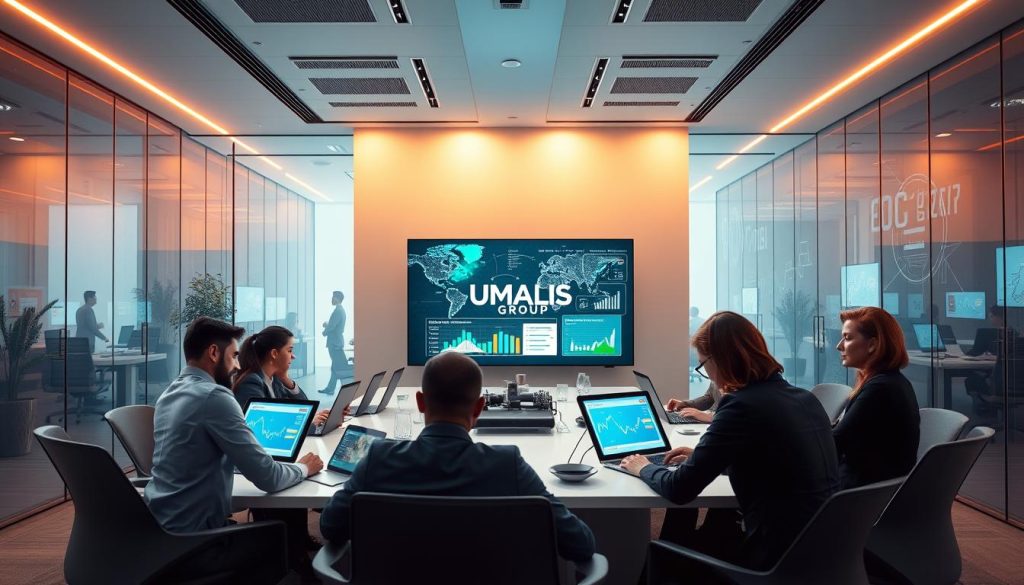 A modern digital workspace scene illustrating "Plateforme digitale portage salarial." In the foreground, a diverse group of professionals in business attire collaborates around a sleek conference table illuminated by warm overhead lighting. They engage with futuristic laptops and digital tablets, showcasing graphs and charts related to salary management. In the middle ground, a large screen displays dynamic data visualizations and the logo "UMALIS GROUP" prominently. The background features glass walls that reveal a bustling office filled with digital screens and abstract art that reflects innovation and transformation. The atmosphere is one of collaboration and focus, with a subtle blue and green color palette that evokes a sense of technology and progress.