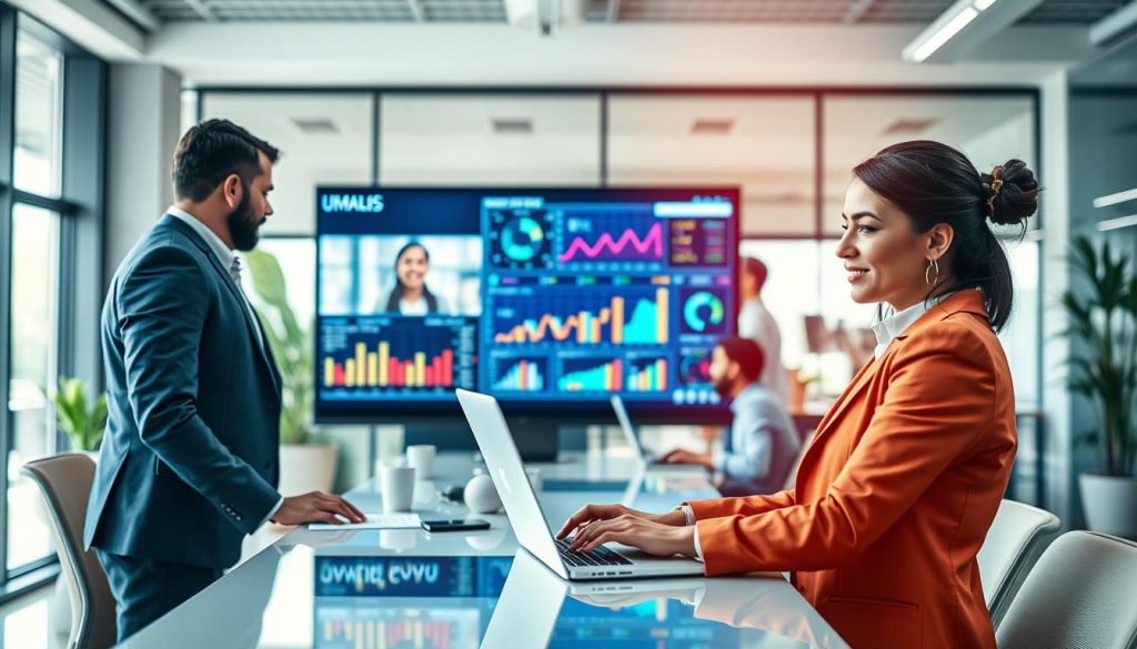 A modern digital workspace showcasing a diverse group of professionals engaged in remote digitalisation tasks. In the foreground, a confident businesswoman in smart business attire, using a laptop, while collaborating with a colleague via video call on a large screen beside her. The middle layer features a vibrant setup with colorful digital interfaces displaying graphs and data analytics, symbolizing remote work efficiency. The background highlights an inviting office environment with bright, natural lighting filtering through large windows. The atmosphere is dynamic and focused, reflecting current trends in remote employment and digitalisation. Incorporate subtle branding elements of "UMALIS GROUP" integrated into the digital displays. Capture the essence of innovation and collaboration in a safe, professional context. A modern digital workspace showcasing a diverse group of professionals engaged in remote digitalisation tasks. In the foreground, a confident businesswoman in smart business attire, using a laptop, while collaborating with a colleague via video call on a large screen beside her. The middle layer features a vibrant setup with colorful digital interfaces displaying graphs and data analytics, symbolizing remote work efficiency. The background highlights an inviting office environment with bright, natural lighting filtering through large windows. The atmosphere is dynamic and focused, reflecting current trends in remote employment and digitalisation. Incorporate subtle branding elements of "UMALIS GROUP" integrated into the digital displays. Capture the essence of innovation and collaboration in a safe, professional context.