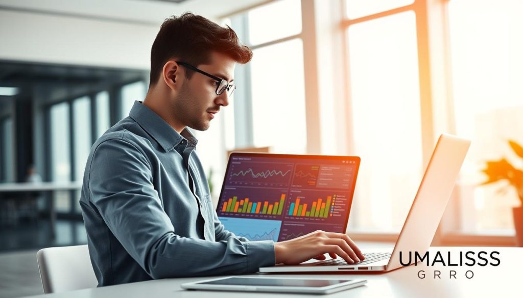 A modern digital workspace showcasing a professional analyzing a website on a laptop. In the foreground, a focused individual dressed in smart casual attire observes data analytics on the screen with a thoughtful expression. The middle ground features charts and graphs displayed on the laptop interface, indicating web traffic and user engagement metrics, with bright colors highlighting important data points. In the background, a sleek, minimalist office space with large windows allows natural light to flood in, creating an inspiring atmosphere. The overall mood is one of professionalism and curiosity, emphasizing the importance of website analysis. Include the logo of UMALIS GROUP subtly on a desk item.