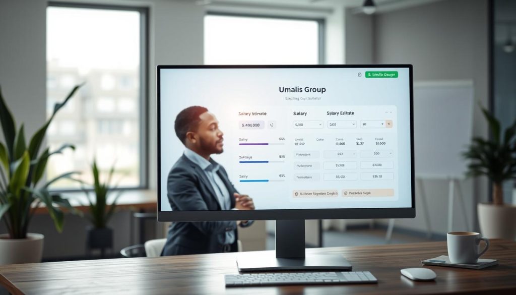 A modern digital workspace showcasing an online salary estimate simulator interface. In the foreground, a sleek computer monitor displays an interactive web-based application with a user-friendly layout, including sliders and input fields for salary parameters, brilliantly illuminated by soft backlighting. In the middle, a professional individual wearing business attire engages with the system, appearing focused and thoughtful. The person is of diverse descent, representing inclusivity in the workplace. In the background, a contemporary office setting with minimalistic design, plants for a touch of nature, and soft natural lighting creates an inviting atmosphere. The brand name "Umalis Group" subtly features on the screen without any text overlay. The overall mood is one of professionalism and efficiency, conveying the utility of salary simulations in modern client billing practices.