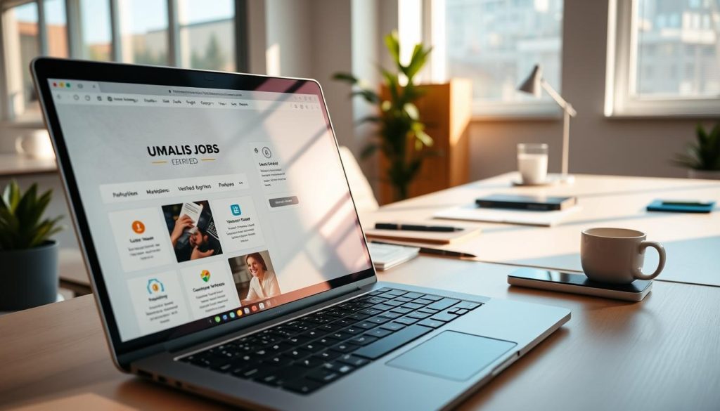 A modern digital workspace showcasing several verified job platforms in a professional setting. Foreground features a sleek laptop displaying the homepage of “UMALIS GROUP” alongside other recognizable job portals. Middle ground includes a bright workspace with an organized desk adorned with stationery, a smart device, and a coffee mug. Background features a minimalist office space with large windows letting in natural light, casting soft shadows. The scene has a warm, inviting atmosphere, suggesting productivity and opportunity. The image is captured with a wide-angle lens to include depth, emphasizing clarity and focus on the digital interfaces. The overall mood is one of professionalism and optimism, ideal for freelancers seeking job opportunities.