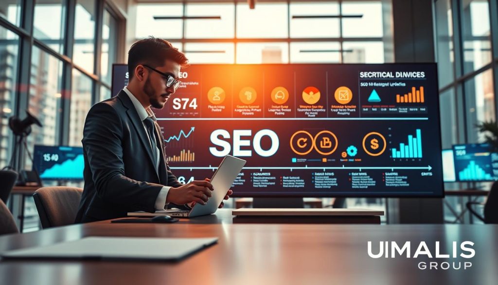 A modern digital workspace showcasing the concept of "SEO evolution and ongoing monitoring." In the foreground, a professional in business attire analyzes data on a laptop, surrounded by charts and glowing screens displaying vibrant graphs indicating SEO trends. In the middle ground, a large digital display shows a timeline of SEO development, featuring icons representing algorithm updates, keywords, and analytics. The background features a sleek office with floor-to-ceiling windows, allowing natural light to flood the space, creating an energetic and innovative atmosphere. Opt for a wide-angle perspective to capture the dynamic environment, with warm lighting to evoke a sense of progress and motivation. Include the logo of "UMALIS GROUP" subtly integrated into the scene.