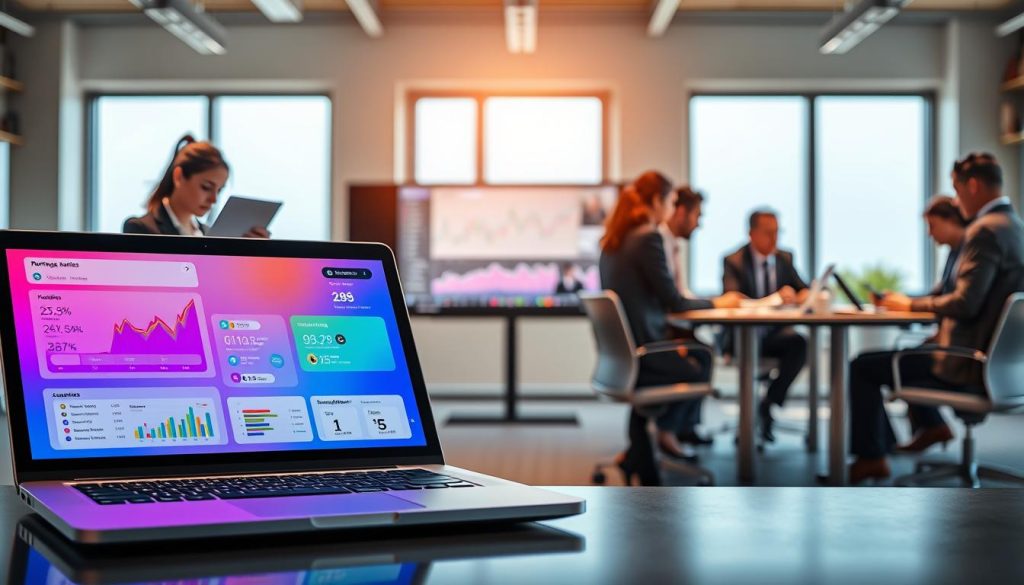 A modern digital workspace showcasing various platforms for job hunting in the field of portage salarial. In the foreground, a sleek laptop displays a vibrant dashboard with colorful graphs and icons representing different job opportunities. To the left, a professional individual in business attire is intently analyzing information on a tablet, while to the right, a diverse group of professionals collaborates over documents on a stylish conference table. The middle ground features a large monitor displaying trending market data and analytics. In the background, a bright office environment with large windows allows natural light to flood in, creating a warm and inviting atmosphere. The overall mood conveys professionalism, efficiency, and innovation in career advancement. A modern digital workspace showcasing various platforms for job hunting in the field of portage salarial. In the foreground, a sleek laptop displays a vibrant dashboard with colorful graphs and icons representing different job opportunities. To the left, a professional individual in business attire is intently analyzing information on a tablet, while to the right, a diverse group of professionals collaborates over documents on a stylish conference table. The middle ground features a large monitor displaying trending market data and analytics. In the background, a bright office environment with large windows allows natural light to flood in, creating a warm and inviting atmosphere. The overall mood conveys professionalism, efficiency, and innovation in career advancement.
