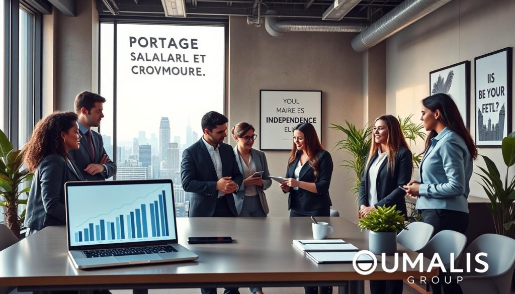 A modern, dynamic workspace illustrating the concept of "portage salarial et croissance professionnelle." In the foreground, a diverse group of professionals in smart business attire gather around a conference table, engaged in a lively discussion. A laptop displays graphs and statistics showing career growth. In the middle ground, a large window shows a city skyline, symbolizing opportunity and independence. Soft, natural lighting filters through the glass, creating an inviting atmosphere. In the background, motivational artwork and plants inject vibrancy into the office space. The mood is focused and professional yet inspiring, reflecting the journey towards independence in one’s career. Include subtle branding elements, such as the logo of "UMALIS GROUP," seamlessly integrated into the workspace design. A modern, dynamic workspace illustrating the concept of "portage salarial et croissance professionnelle." In the foreground, a diverse group of professionals in smart business attire gather around a conference table, engaged in a lively discussion. A laptop displays graphs and statistics showing career growth. In the middle ground, a large window shows a city skyline, symbolizing opportunity and independence. Soft, natural lighting filters through the glass, creating an inviting atmosphere. In the background, motivational artwork and plants inject vibrancy into the office space. The mood is focused and professional yet inspiring, reflecting the journey towards independence in one’s career. Include subtle branding elements, such as the logo of "UMALIS GROUP," seamlessly integrated into the workspace design.
