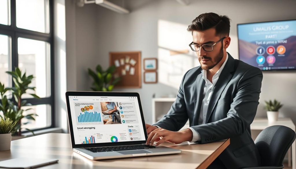 A modern, dynamic workspace showcasing the essence of a strong online presence for freelancers. In the foreground, an organized desk features a sleek laptop displaying a visually engaging website, with charts and analytics highlighting visitor engagement. A professional individual in business attire, with a focused expression, interacts with the laptop. In the middle ground, a large window lets in soft, natural light, illuminating the space and casting gentle shadows. The background features smart design elements like a bulletin board with networking tips and a digital screen displaying social media icons, subtly labeled “Umalis Group.” The overall atmosphere conveys a sense of productivity, inspiration, and professionalism, perfect for attracting clients online.