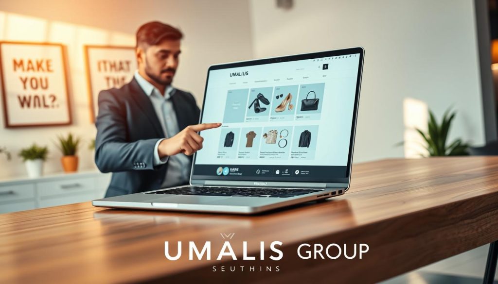 A modern e-commerce website interface displayed on a sleek laptop, positioned on a stylish wooden desk. The foreground features a professional individual in business attire analyzing the website, pointing at product images. In the middle ground, the laptop screen showcases a clean, user-friendly layout with various products, prices, and a shopping cart icon. The background features a softly lit, minimalist office environment with motivational artwork on the wall and subtle greenery, creating an inviting atmosphere. Warm, natural lighting casts gentle shadows, emphasizing the contemporary workspace. The scene subtly incorporates the brand "UMALIS GROUP" through a sophisticated logo design on the webpage, enhancing the professional focus on e-commerce solutions. The overall mood is one of productivity, innovation, and business success.