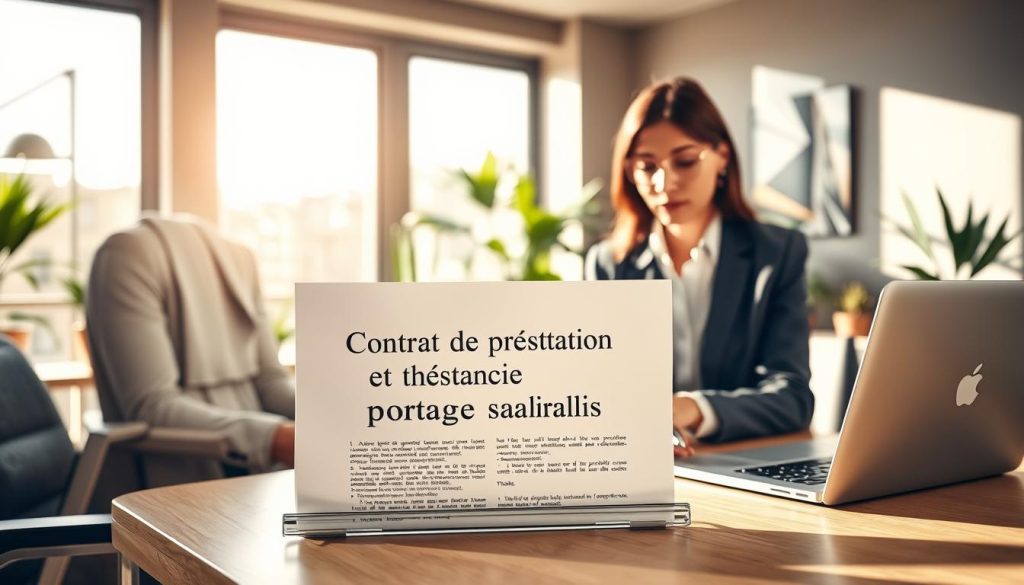 A modern, elegantly designed office setting featuring a beautifully arranged desk with a prominently displayed "Contrat de prestation en portage salarial" document. In the foreground, there is a focused businesswoman dressed in professional attire, reviewing the document with a pen in hand. The middle ground includes a laptop opened with financial charts visible on the screen, signifying business analysis. The background showcases large windows with natural sunlight streaming in, enhancing the uplifting and professional atmosphere. The office is decorated with potted plants and contemporary art pieces. Soft, warm lighting casts gentle shadows, creating a calm ambiance. The image captures the essence of professionalism and clarity associated with contracts in the realm of portage salarial, emphasizing organization and careful consideration. A modern, elegantly designed office setting featuring a beautifully arranged desk with a prominently displayed "Contrat de prestation en portage salarial" document. In the foreground, there is a focused businesswoman dressed in professional attire, reviewing the document with a pen in hand. The middle ground includes a laptop opened with financial charts visible on the screen, signifying business analysis. The background showcases large windows with natural sunlight streaming in, enhancing the uplifting and professional atmosphere. The office is decorated with potted plants and contemporary art pieces. Soft, warm lighting casts gentle shadows, creating a calm ambiance. The image captures the essence of professionalism and clarity associated with contracts in the realm of portage salarial, emphasizing organization and careful consideration.
