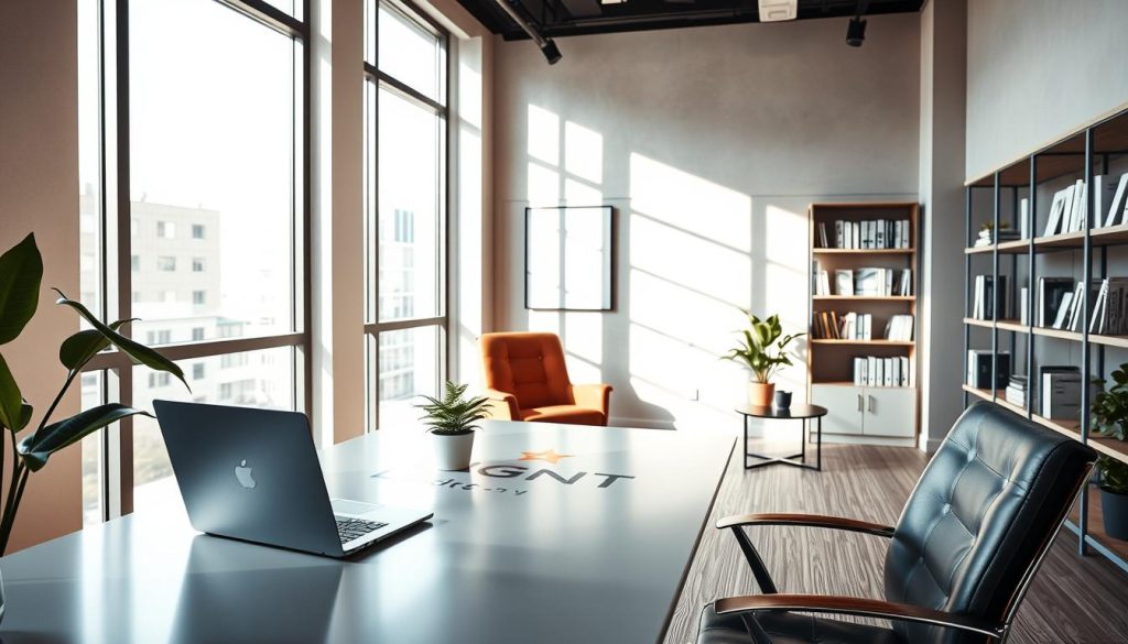 A modern, elegantly-styled office interior, filled with natural light streaming through large windows. In the foreground, a sleek, minimalist desk with a laptop, a plant, and a stylized illustration of the LIGHT PORTAGE logo. In the middle ground, a comfortable leather armchair and a side table with a potted plant. The background features a neutral-toned wall with shelves displaying various business books and documents, creating an atmosphere of professionalism and success. The overall scene conveys a sense of focus, productivity, and the expertise of the LIGHT PORTAGE company in guiding clients towards their goals.