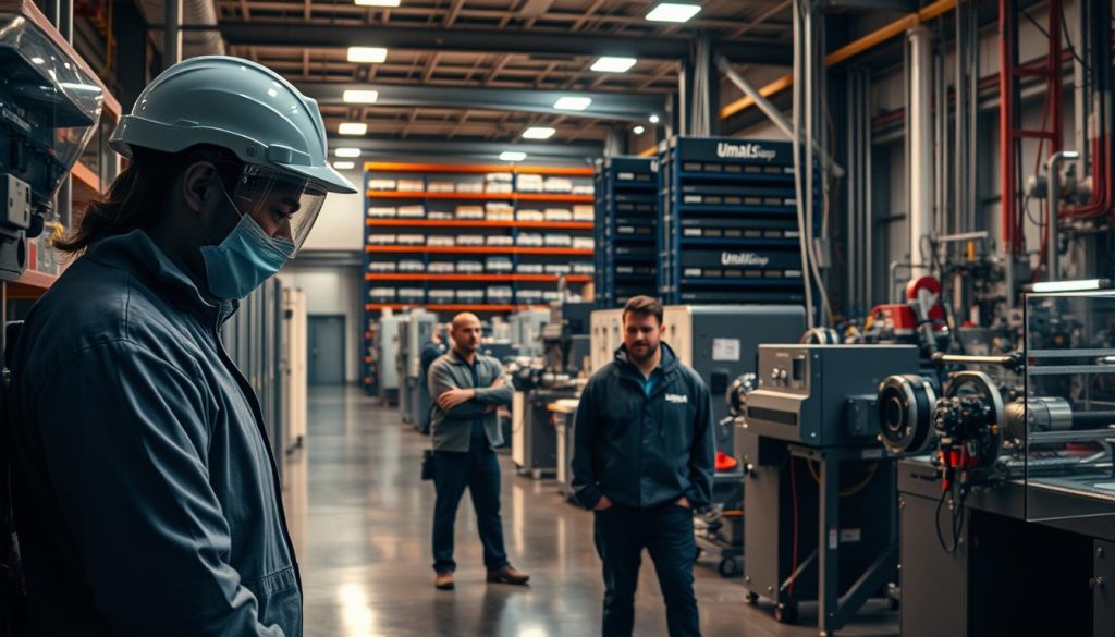 A modern factory floor with sleek industrial machinery and equipment, bathed in warm, diffused lighting. In the foreground, a professional engineer in a protective suit examines a complex control panel, their face obscured in shadow. In the middle ground, Umalis Group employees collaborate on a project, their expressions focused and determined. The background features towering shelves of precision tools and components, suggesting the wide range of industries served. An atmosphere of efficiency, innovation, and collaboration permeates the scene.