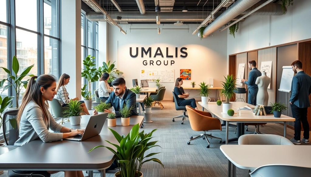 A modern flex office collaborative workspace featuring a diverse range of professionals engaging in various activities. In the foreground, a woman in smart casual attire is working on her laptop at a sleek shared desk, while a man in business attire is discussing ideas with a colleague nearby over a tablet. The middle ground showcases multiple workstations with green plants and contemporary furniture promoting creativity. Various zones for relaxation and brainstorming are visible, with comfortable chairs and whiteboards filled with notes. The background reveals large windows with natural light flooding the space, reflecting an energizing atmosphere. Soft, warm lighting adds to the inviting mood. An artistic logo of "UMALIS GROUP" is subtly integrated into the contemporary design elements, enhancing the modern aesthetic without overwhelming the scene.