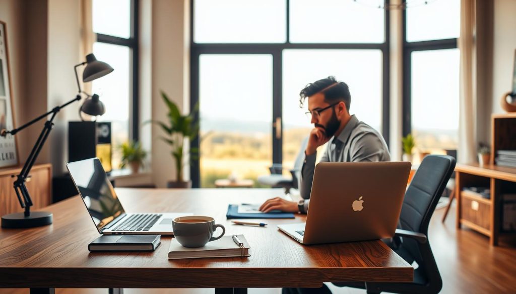A modern freelance workspace depicted in a spacious, well-lit home office. In the foreground, a stylish wooden desk is filled with a sleek laptop, notebooks, and a steaming cup of coffee. A professional in modest casual attire, such as a smart shirt and jeans, is sitting at the desk, focused on their work. In the middle ground, a comfortable ergonomic chair and a few plants add a touch of greenery, enhancing the atmosphere of productivity. The background features a large window letting in soft, natural light, revealing a view of a serene outdoor landscape. The mood is focused and inspirational, with gentle warm lighting creating an inviting environment. Incorporate the Umalis Group logo subtly in the workspace design elements. A modern freelance workspace depicted in a spacious, well-lit home office. In the foreground, a stylish wooden desk is filled with a sleek laptop, notebooks, and a steaming cup of coffee. A professional in modest casual attire, such as a smart shirt and jeans, is sitting at the desk, focused on their work. In the middle ground, a comfortable ergonomic chair and a few plants add a touch of greenery, enhancing the atmosphere of productivity. The background features a large window letting in soft, natural light, revealing a view of a serene outdoor landscape. The mood is focused and inspirational, with gentle warm lighting creating an inviting environment. Incorporate the Umalis Group logo subtly in the workspace design elements.