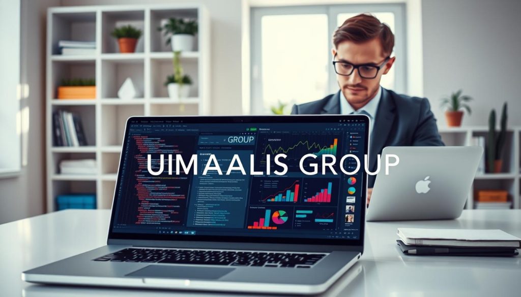 A modern front-end web development scene, featuring a sleek laptop on a clean desk with colorful UI designs displayed on the screen. In the foreground, a professional wearing a smart business outfit is focused on coding, with visible lines of HTML and CSS in a text editor. The middle layer showcases dynamic graphs and infographics related to content management, subtly hinting at a CMS in use. The background includes minimalist shelves with tech books and plants, creating an inviting workspace atmosphere. Soft, natural lighting filters through a nearby window, conveying a productive and innovative mood. The brand name “UMALIS GROUP” is subtly integrated into the design elements of the screen without any text overlays.