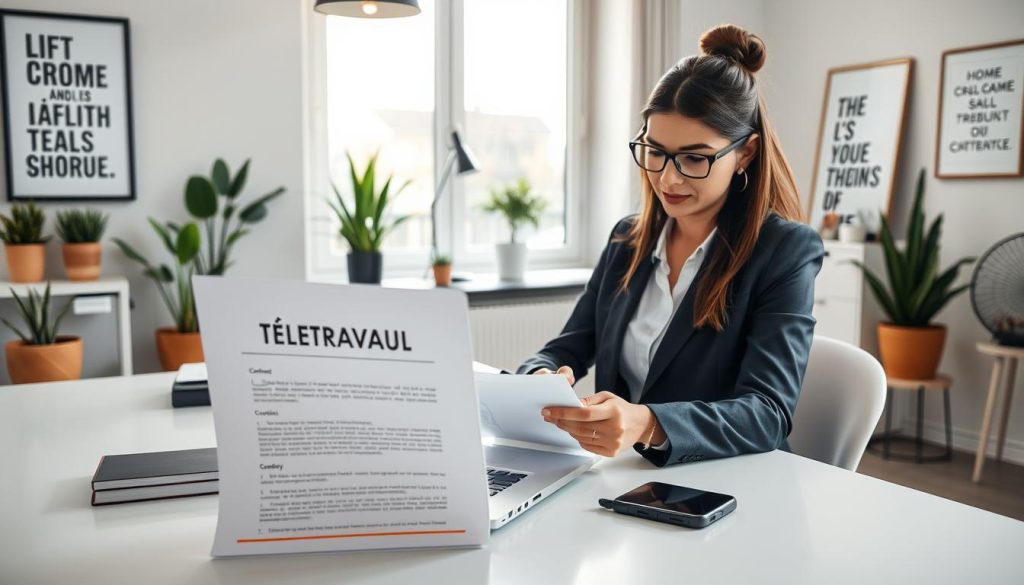 A modern home office scene reflecting the concept of "Télétravail" in the framework of contractual arrangements for remote workers. In the foreground, a professional woman, dressed in business casual attire, sits at a sleek desk, focused on her laptop. She is reviewing documents alongside a contract titled "UMALIS GROUP" prominently displayed. In the middle ground, a cozy atmosphere is created with stylish office decor like potted plants and motivational quotes on the walls. The background features a large window with soft, natural light streaming in, creating an inspiring and productive environment. The overall mood is professional yet relaxed, emphasizing the importance of formalizing telecommuting within contractual frameworks. The angle is slightly from above, showcasing both the subject and the surrounding workspace harmoniously.