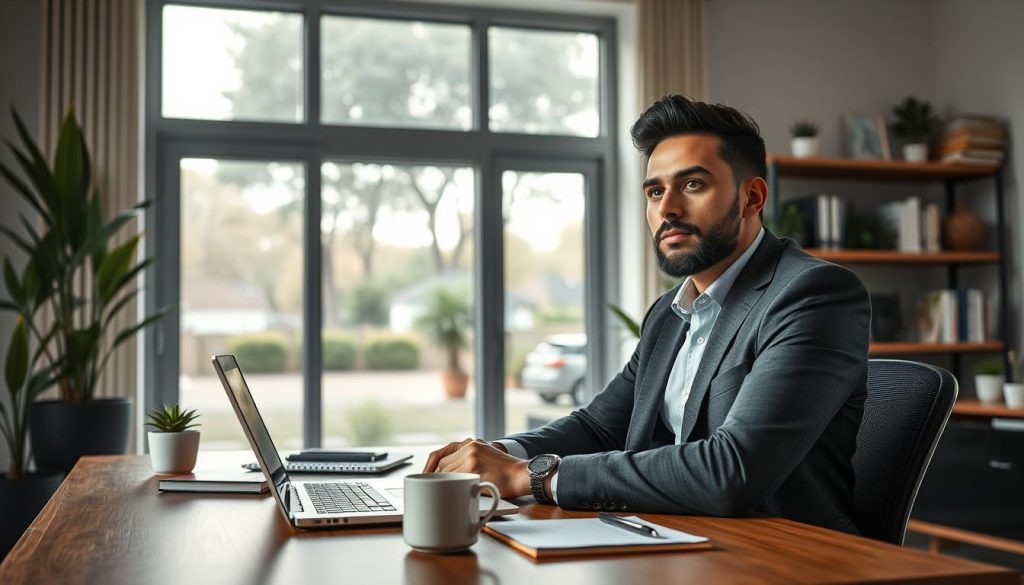 A modern home office scene showcasing the concept of choosing remote jobs. In the foreground, a focused individual, dressed in professional attire, sits at a stylish desk, surrounded by a laptop, notebooks, and a cup of coffee. Their expression reflects determination and contemplation. In the middle layer, a large window provides natural light, illuminating indoor plants and a bookshelf filled with career guidance materials. The background features a soft panorama of a calm suburban view outside, with trees and homes. The overall atmosphere is one of inspiration and productivity, emphasizing the journey of transitioning to remote work. The image should incorporate the Umalis Group branding subtly in the decor, ensuring it blends harmoniously with the scene. Use soft, warm lighting to evoke a sense of comfort and professionalism.