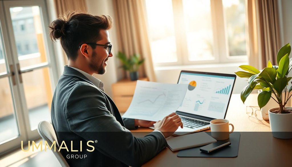 A modern home office setting that embodies the advantages of remote work in the context of portage salarial. In the foreground, a focused professional in business casual attire reviews documents on a laptop, with a cheerful expression. To the right side, a potted plant adds a touch of nature, symbolizing a balanced work-life environment. The middle ground features a stylish desk with a coffee cup, a notepad, and a laptop displaying graphs and charts related to income optimization and tax benefits. The background includes a large window letting in warm sunlight, casting a pleasant glow. The atmosphere is bright and productive, conveying a sense of achievement. The brand name "UMALIS GROUP" is subtly incorporated into an office item, like a notepad or mouse pad.