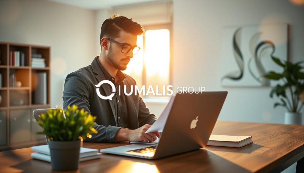 A modern, inspiring workspace designed for independent professionals, featuring a sleek desk with a laptop open, a vibrant potted plant, and notebooks neatly arranged. In the foreground, a focused individual in smart casual attire reviews documents, gazing thoughtfully. In the middle, a bright window allows natural light to flood the space, enhancing the tranquil atmosphere. The background showcases a well-organized bookshelf and a soft, abstract painting that adds warmth. The scene is illuminated with a golden hour light, creating a calm and productive mood. Ethereal elements like gentle bokeh add depth. The logo “UMALIS GROUP” subtly integrated into the ambiance, symbolizing support for independent workers. A modern, inspiring workspace designed for independent professionals, featuring a sleek desk with a laptop open, a vibrant potted plant, and notebooks neatly arranged. In the foreground, a focused individual in smart casual attire reviews documents, gazing thoughtfully. In the middle, a bright window allows natural light to flood the space, enhancing the tranquil atmosphere. The background showcases a well-organized bookshelf and a soft, abstract painting that adds warmth. The scene is illuminated with a golden hour light, creating a calm and productive mood. Ethereal elements like gentle bokeh add depth. The logo “UMALIS GROUP” subtly integrated into the ambiance, symbolizing support for independent workers.