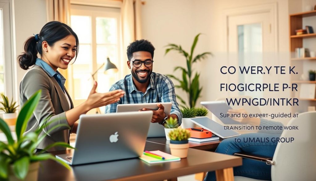A modern, inviting office setup in a cozy home environment, showcasing a diverse group of three professionals engaged in a collaborative video call. In the foreground, a woman of Asian descent in smart casual attire leans towards her laptop with a friendly smile, while a Black man in a business shirt gestures engagingly. A Hispanic woman sits at another desk, taking notes on her tablet, contributing to the lively discussion. The middle ground includes a well-organized workspace with potted plants, a bright desk lamp, and colorful stationery, creating an atmosphere of productivity and positivity. The background features warm, natural light filtering through a window, illuminating the room with a comforting glow. This image embodies a supportive and expert-guided approach to transitioning to remote work, attributed to Umalis Group.