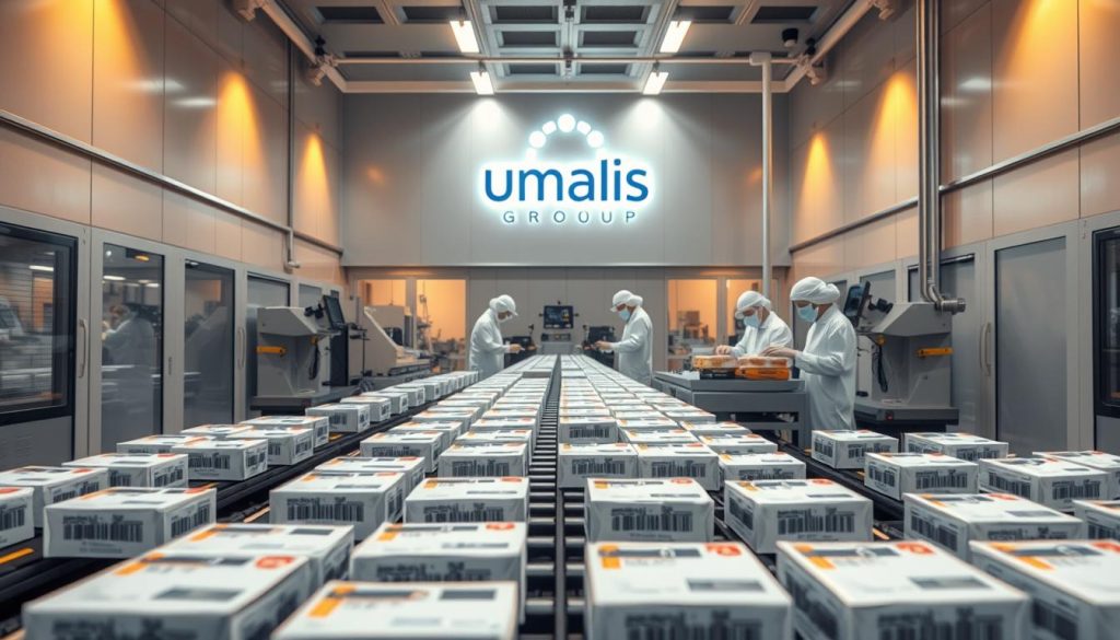 A modern manufacturing facility with sleek, minimalist design. In the foreground, a conveyor belt carries an array of products, each meticulously labeled with barcodes and QR codes for traceability. The middle ground features workers in clean, crisp uniforms inspecting and packaging the items. In the background, a large Umalis Group logo is prominently displayed, signifying the brand's commitment to quality control and compliance. Warm, directional lighting casts a subtle glow, creating a sense of professionalism and efficiency. The overall atmosphere conveys a well-organized, technologically-advanced production process that adheres to industry standards.