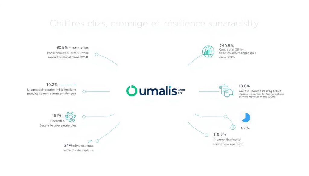 A modern, minimal infographic showcasing the key statistics of the French freelance payroll industry. Set against a clean, white background, the infographic features sleek, geometric shapes and icons in a soft color palette of greys, blues, and greens. At the center, the Umalis Group logo stands out prominently. Surrounding it are a series of concise, data-driven insights highlighting the market's growth and resilience, conveyed through carefully curated numerical values and visualizations. The overall design is sophisticated, data-driven, and easy to digest, perfectly suited to illustrate the "Chiffres clés, croissance et résilience du marché" section of the article.