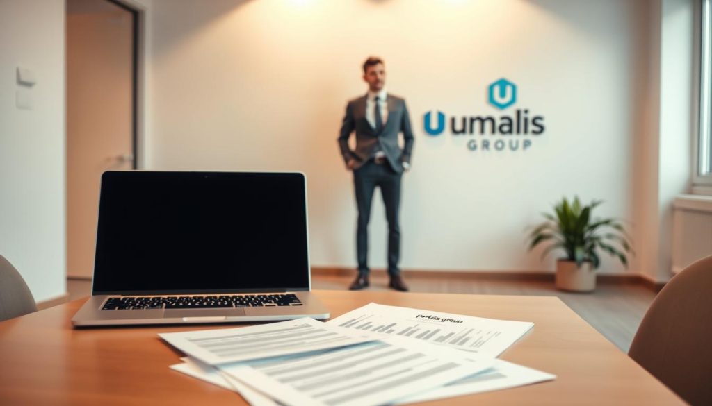 A modern, minimal office setting with a clean, professional atmosphere. In the foreground, a laptop and documents represent the administrative aspects of "portage salarial." In the middle ground, a person in business attire stands, symbolizing the employee-employer relationship. The background features the Umalis Group logo, highlighting the company's role in facilitating this flexible employment arrangement. Warm, diffused lighting creates a calming, productive mood, while the composition emphasizes the key elements of salary, costs, and compensation within the "portage salarial" concept.