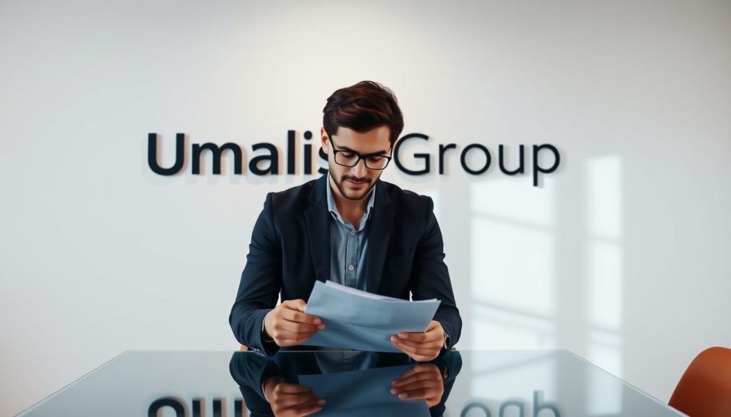 A modern, minimal office setting with a young entrepreneur examining documents on a sleek, glass-topped desk. The Umalis Group logo prominently displayed on the wall behind them, conveying a sense of professionalism and stability. Soft, directional lighting highlights the subject's thoughtful expression as they consider their options for a reliable payroll outsourcing service. The scene exudes an atmosphere of quiet contemplation, reflecting the importance of carefully selecting the right "société de portage salarial" to support a young, growing business.