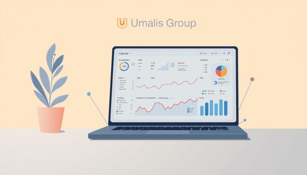 A modern, minimalist analytics calendar strategy with a clean, data-driven aesthetic. In the foreground, a stylized calendar interface with sleek visualizations, charts, and graphs showcasing key performance metrics. The middle ground features a laptop or tablet displaying an analytics dashboard, surrounded by geometric shapes and lines representing data flows. In the background, a subtle Umalis Group logo and muted color palette convey a sense of professional, enterprise-level analytics. Soft, directional lighting casts a warm glow, creating depth and emphasis on the central calendar and analytics elements. The overall mood is one of efficiency, clarity, and data-informed decision-making.
