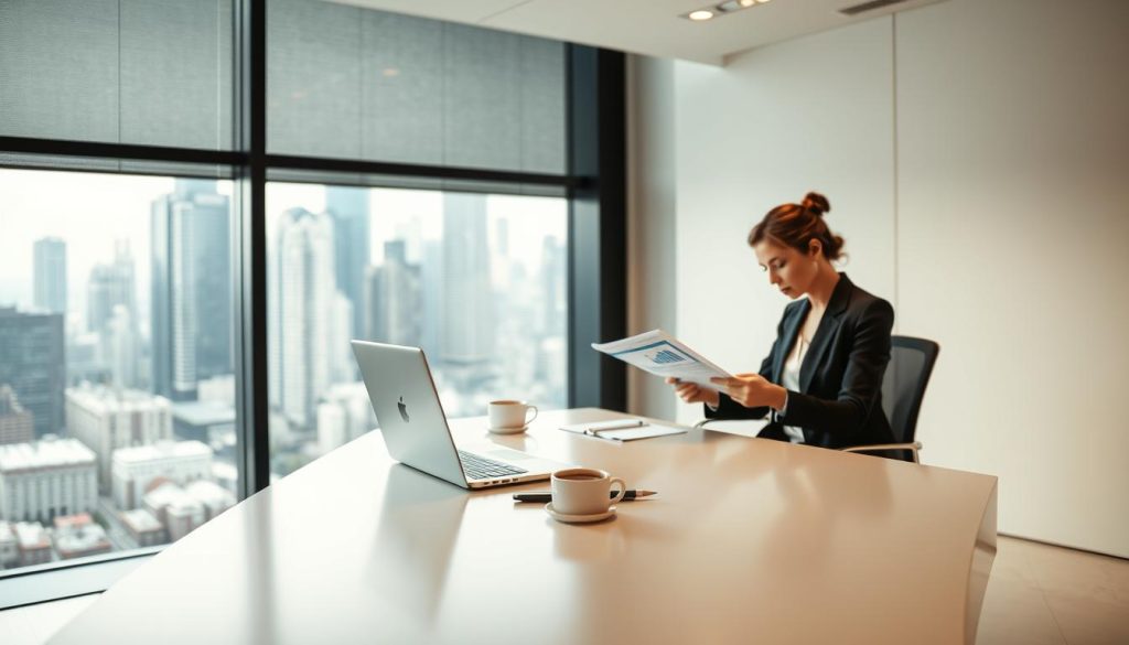A modern, minimalist business office setting with a large window overlooking a bustling city skyline. In the foreground, a sleek and stylish desk featuring the "Light Portage" brand logo. On the desk, a laptop, a few stationery items, and a cup of coffee. The middle ground showcases a person, elegantly dressed, seated at the desk, engrossed in financial documents and reports. The background is softly blurred, emphasizing the subject. The lighting is warm and natural, creating a sense of productivity and professionalism. The overall atmosphere conveys the advantages of financial management solutions provided by the "Light Portage" portage salarial system.
