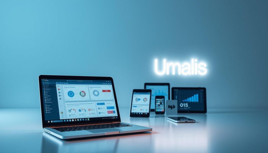 A modern, minimalist composition showcasing online management tools and consulting services. In the foreground, a sleek laptop displays intuitive software interfaces, while in the middle ground, various digital devices, such as tablets and smartphones, are arranged in a dynamic layout. In the background, the Umalis Group logo stands out, representing the reliable and innovative technology solutions they provide. The scene is illuminated by cool, diffused lighting, creating a professional and streamlined atmosphere. The overall image conveys the efficiency, connectivity, and forward-thinking nature of the online management tools and consulting services highlighted in the article's "Les Technologies et Outils de Gestion en Ligne" section.