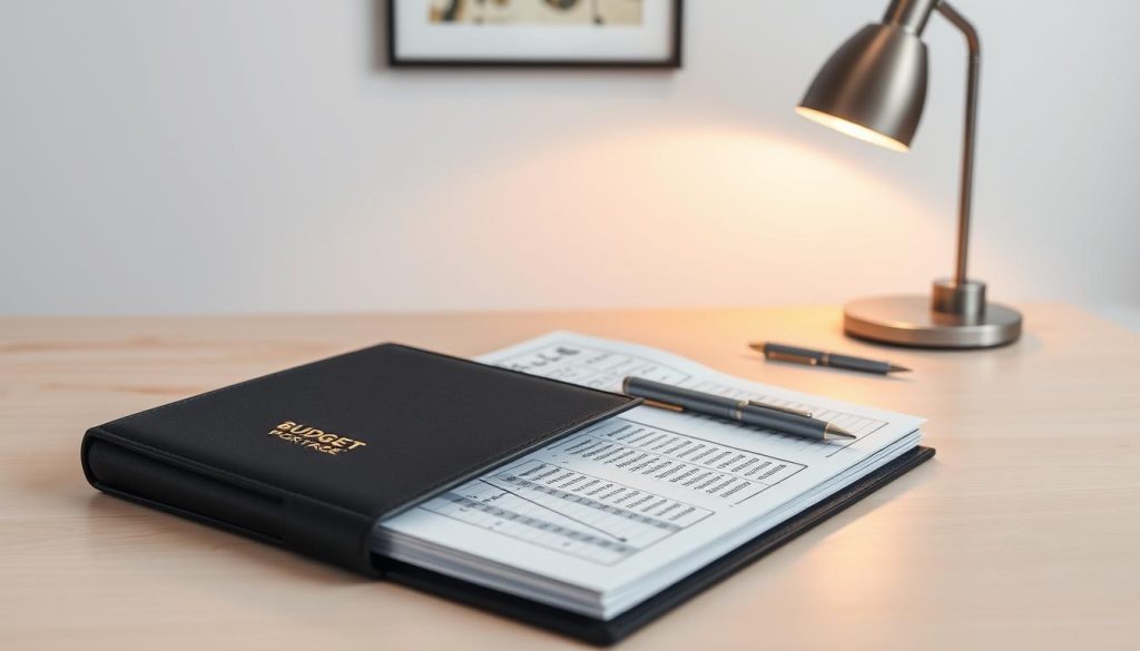 A modern, minimalist depiction of "budget" with a focus on financial planning and resource allocation. In the foreground, a sleek, black leather-bound notebook with a subtle gold-embossed "LIGHT PORTAGE" logo sits atop a minimalist, pale wood desk. On the pages, meticulously organized rows of numbers and charts, representing the careful allocation of funds. The middle ground features a pair of simple, yet elegant ballpoint pens and a modern, brushed metal desk lamp, casting a warm, focused glow. The background showcases a clean, white wall with a single, framed abstract artwork, suggesting a professional, refined office setting. The overall atmosphere conveys a sense of order, efficiency, and strategic financial management.