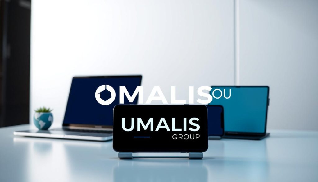 A modern, minimalist digital workspace with a variety of sleek, intuitive tools for an efficient remote work experience. In the foreground, the UMALIS GROUP logo stands prominently, highlighting their innovative portage salarial services. The middle ground features a laptop, smartphone, and tablet, all seamlessly integrated and showcasing cutting-edge digital solutions. In the background, a minimalist geometric pattern creates a sense of structure and organization, complementing the professional, technology-driven atmosphere. Soft, directional lighting accentuates the clean lines and modern aesthetic, conveying a sense of productivity and progress.