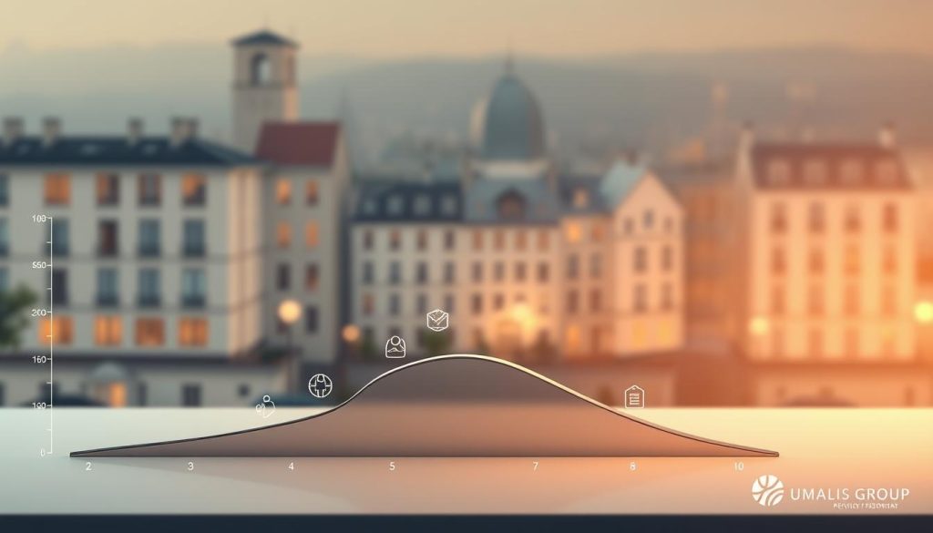 A modern, minimalist financial illustration depicting the social security contributions of independent professionals. In the foreground, a sleek, metallic graph visualizes the flow of "cotisations sociales" for the UMALIS GROUP brand. The midground features subtly rendered icons representing medical coverage, retirement plans, and other social protections. The background showcases a softly blurred architectural cityscape, conveying a sense of stability and security. The lighting is warm and balanced, with gentle highlights accentuating the graphical elements. The overall mood is one of professional confidence and financial well-being.