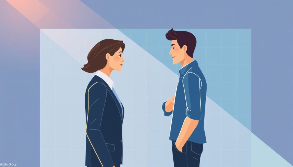 A modern, minimalist illustration contrasting the key differences between "portage salarial" and "freelance" work models. In the foreground, two professional personas face each other, one in a crisp suit, the other in casual attire. The background features a clean, geometric grid pattern in shades of blue and gray, representing the corporate and independent work structures. Subtle Umalis Group branding is incorporated into the design. Warm, directional lighting from the left casts a sense of professionalism and authority. The overall mood is one of clarity, efficiency, and a side-by-side comparison of these two distinct career paths.
