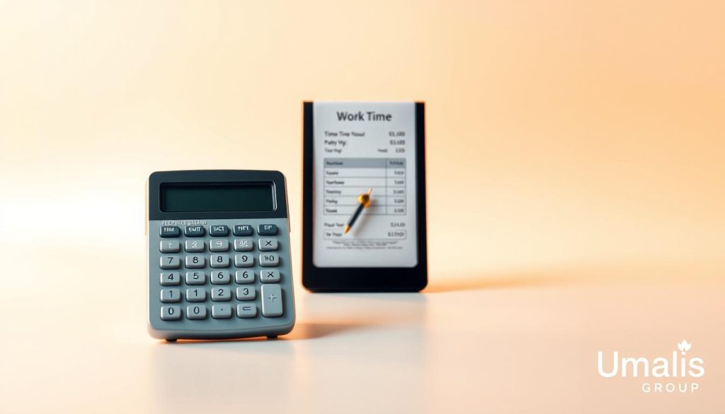 A modern, minimalist illustration depicting a calculator, time clock, and payslip against a clean, white background. The calculator and time clock are positioned in the foreground, highlighting the connection between work hours and salary. The payslip is displayed in the middle ground, emphasizing the final output of the work time calculation. Warm, directional lighting creates depth and emphasizes the key elements. The overall mood is one of efficiency, organization, and professionalism. In the bottom right corner, the "Umalis Group" logo is discreetly displayed.