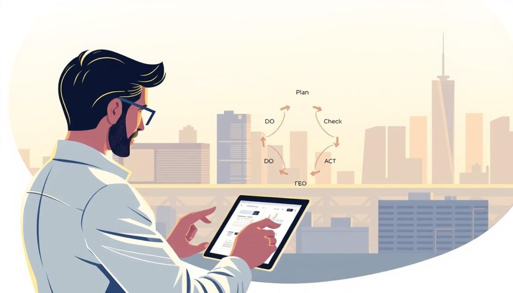 A modern, minimalist illustration depicting the Umalis Group's PDCA methodology for solving complex problems. In the foreground, a person using a tablet to visualize data and analyze a problem. The middle ground shows a cyclical diagram of the PDCA steps - Plan, Do, Check, Act. In the background, a clean, geometric cityscape representing the corporate environment. Warm lighting illuminates the scene, conveying a sense of clarity and purpose. The overall aesthetic is sleek, professional, and emblematic of Umalis Group's approach to strategic problem-solving.