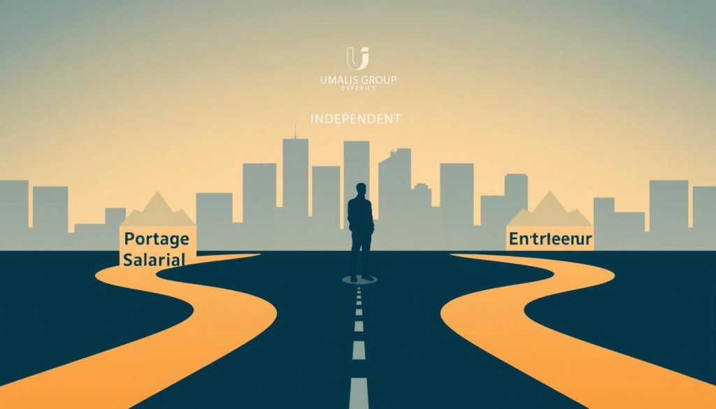 A modern, minimalist illustration depicting the choice between independent status options. In the foreground, two distinct paths diverge - one labeled "Portage Salarial", the other "Auto-Entrepreneur". The paths are illuminated by soft, warm lighting, creating a contemplative atmosphere. In the middle ground, a silhouetted figure stands at the intersection, thoughtfully considering their options. The background features a clean, geometric cityscape with the UMALIS GROUP logo subtly integrated, hinting at the professional context. The overall composition conveys the importance of this decision for an individual's career and financial future.