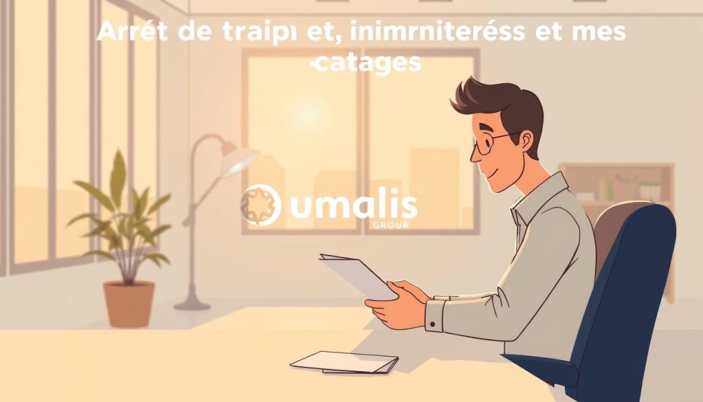 A modern, minimalist illustration depicting the concept of "Arrêt de travail et indemnités journalières en portage" for the Umalis Group. A clean, well-lit office setting with a person sitting at a desk, reviewing documents. Warm, natural lighting filters through large windows, casting a soft glow. The person's expression conveys a sense of understanding and relief, as they navigate the process of receiving daily compensation during a work stoppage. The Umalis Group logo is subtly incorporated into the scene, establishing the brand's association with this aspect of independent worker protection.